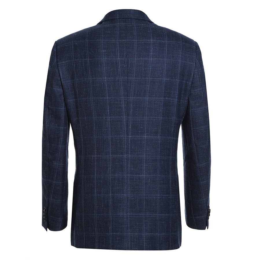 "Classic Fit Wool Blazer - Men's Two Button Navy Blue Windowpane Plaid Sport Coat" - 34 Short