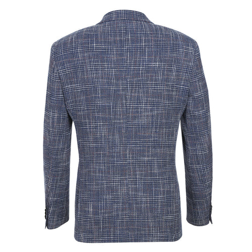 "Blue Windowpane Plaid Men's Slim Fit Wool & Linen Sport Coat Blazer"