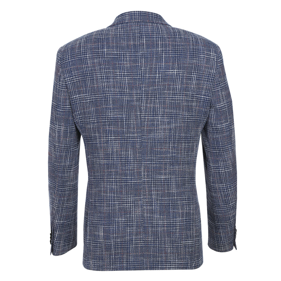 "Blue Windowpane Plaid Men's Slim Fit Wool & Linen Sport Coat Blazer"