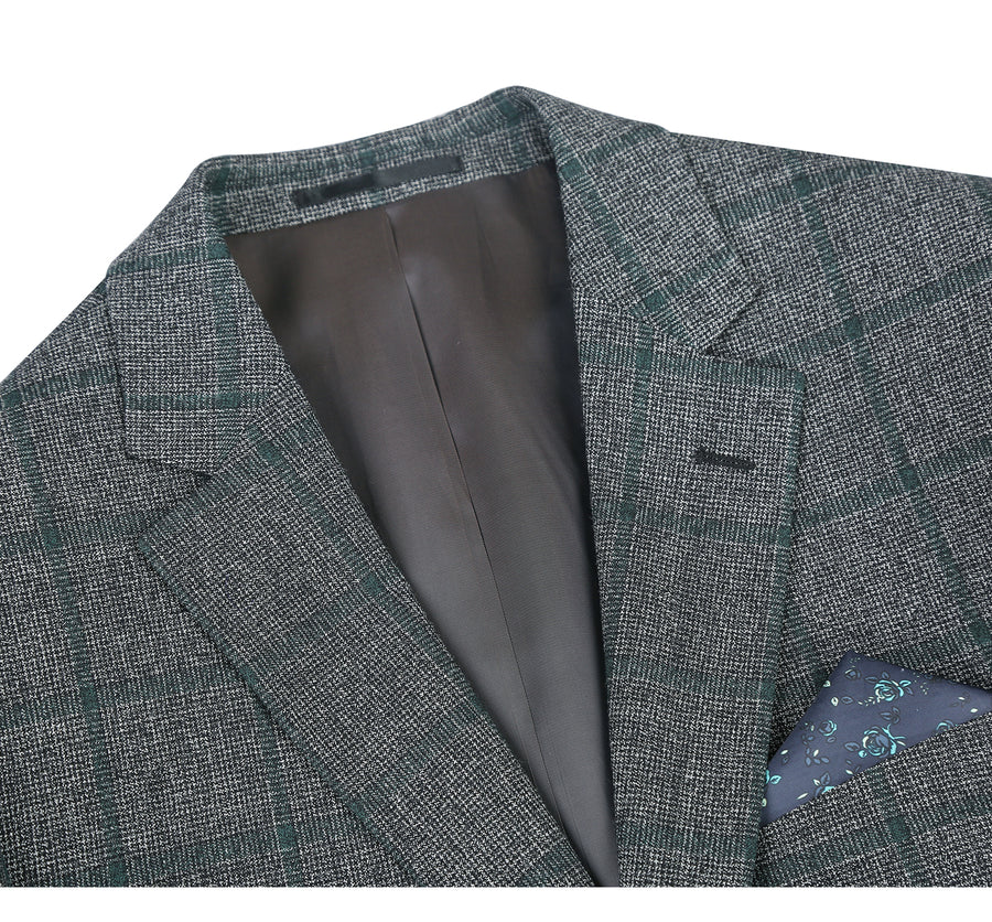 "Classic Fit Wool Sport Coat Blazer for Men - Two Button, Brown & Olive Green Windowpane Plaid" - 34 Short