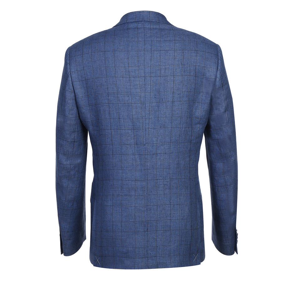 "Men's Navy Blue Slim Fit Linen Blazer - Two Button, Summer Windowpane Plaid" - 36 Short