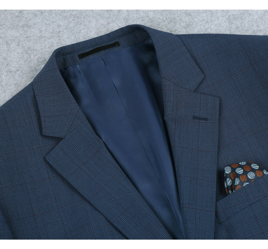 "Classic Fit Wool Sport Coat Blazer for Men - Steel Blue Windowpane Plaid"