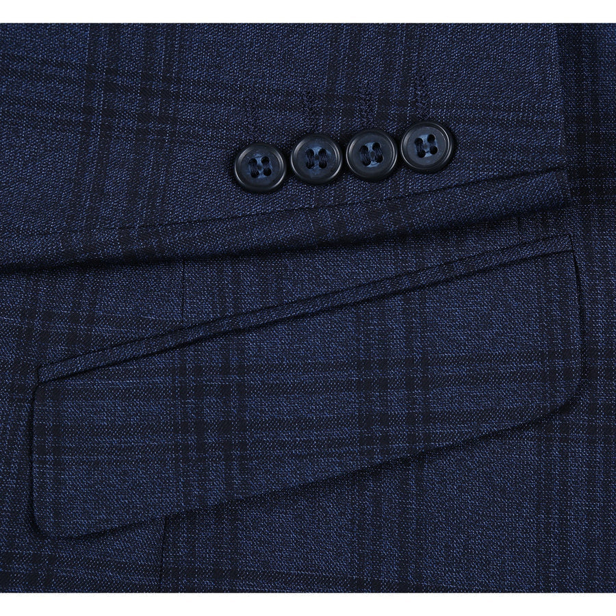 "Men's Slim Fit Two-Button Stretch Suit - Navy Blue Windowpane Plaid"