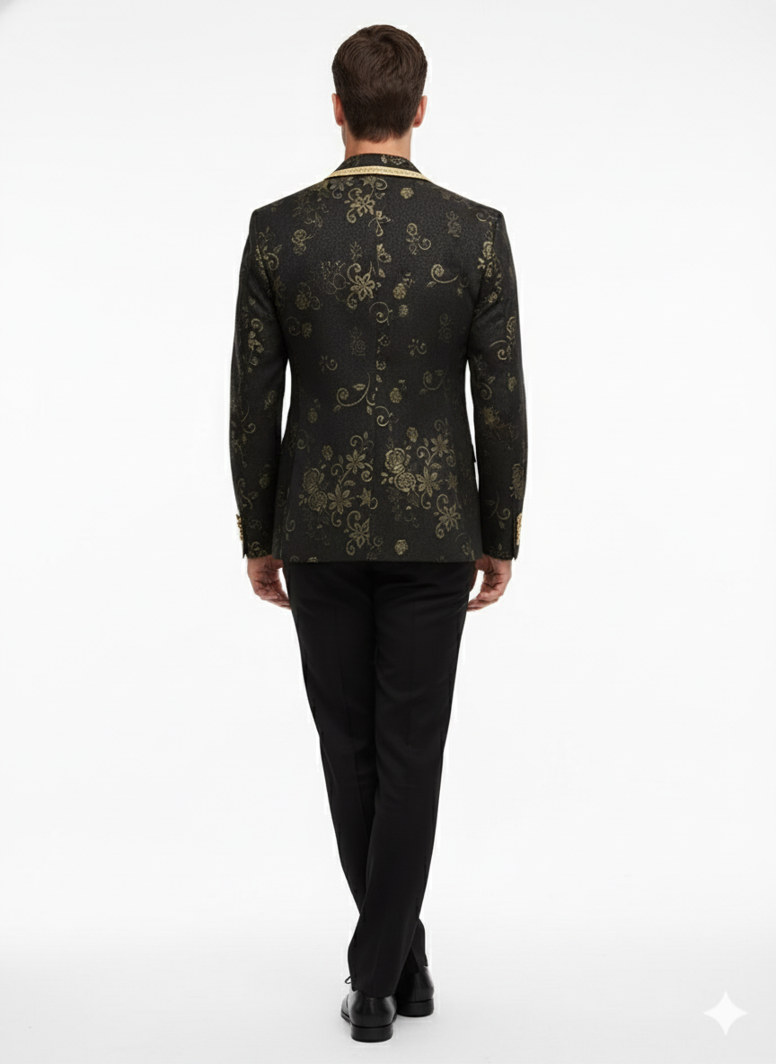 Men’s Black and Gold Embroidered Luxury Blazer – Designer Floral Pattern Wedding & Party Jacket (Sim534) - 36 Short