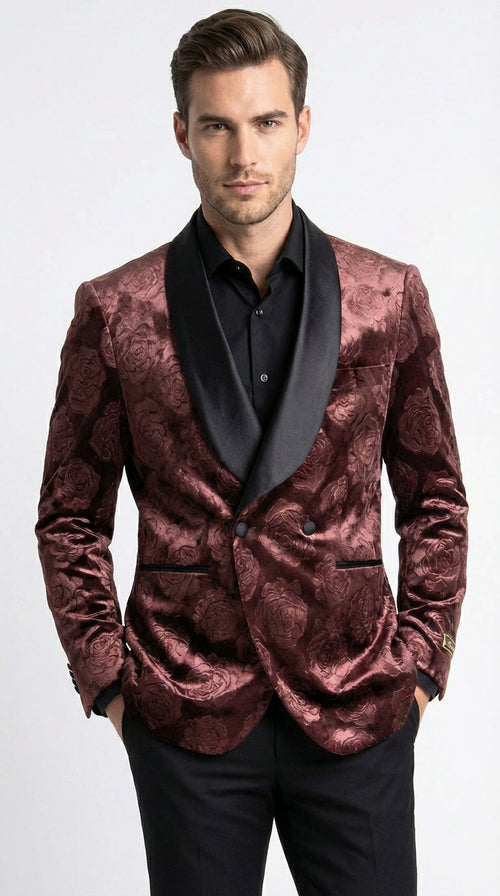 Mens Rust Copper Brick color Floral Jacquard Pasiley Blazer – Pattern Dinner Jacket with Black Shawl Lapel for Formal dinners and Wedding-Light Brown Color
