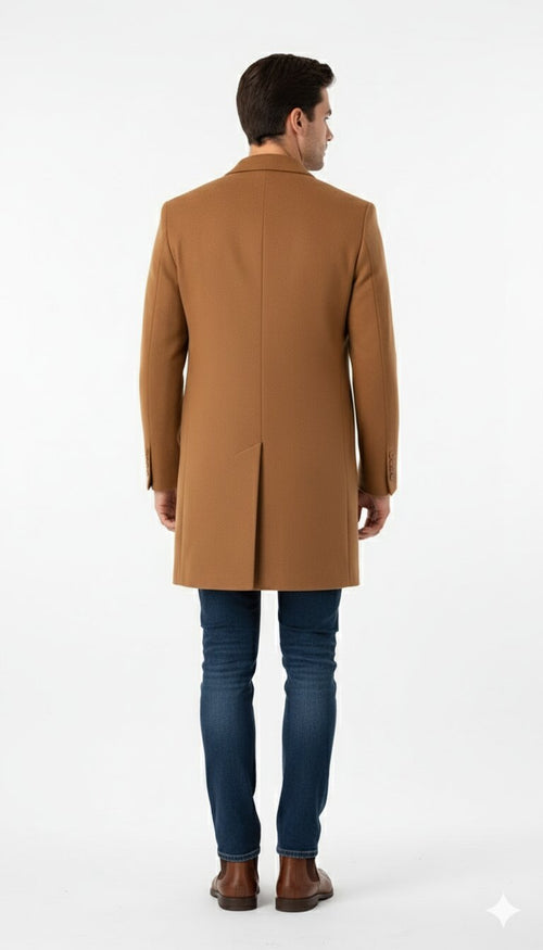 Mens Camel Brown Wool Top Coat Classic Long Overcoat for Formal and Casual Wear in rust copper