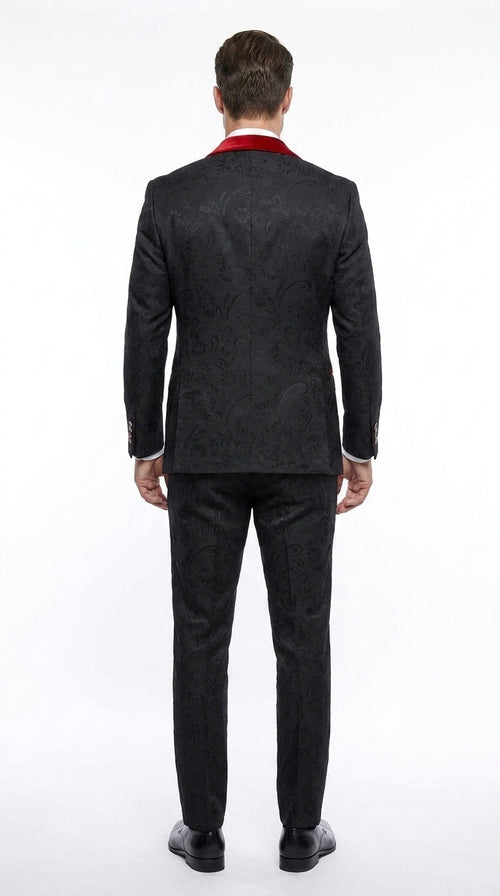 Men’s Black Paisley Tuxedo with Red Velvet Shawl Lapel – 3 Piece Wedding Prom Suit With Matching Bowtie
