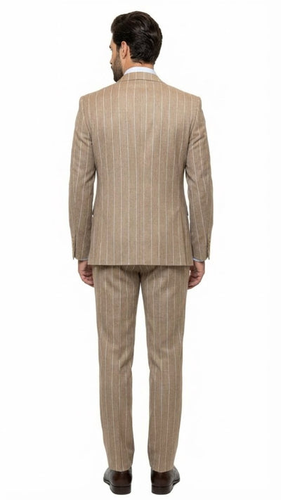 Men's Beige Pinstripe Three-Piece Vested Suit Tailored Fit Business Attire in Tan Stripe by Rossiman
