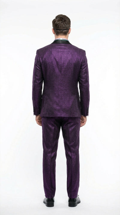 Mens Purple Shimmer Mardi Gras Suit with Black Satin Lapel Shiny Metallic Formal Party and Carnival Suit Sequin Look