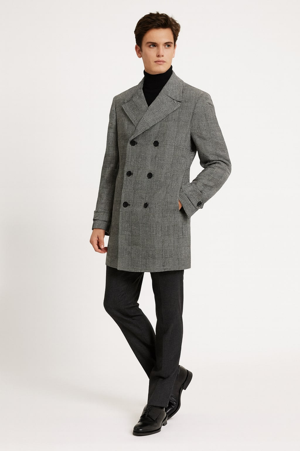 Mens Grey Plaid Double-Breasted Overcoat with Black Faux Fur Collar – Classic Winter Peacoat - Coat Size 38