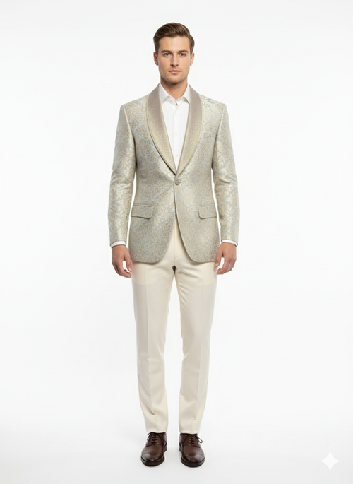 Mens Champaign Silver and Cream Embroidered Luxury Blazer Floral Pattern Wedding & Party Dinner Jacket in Light Tan Color