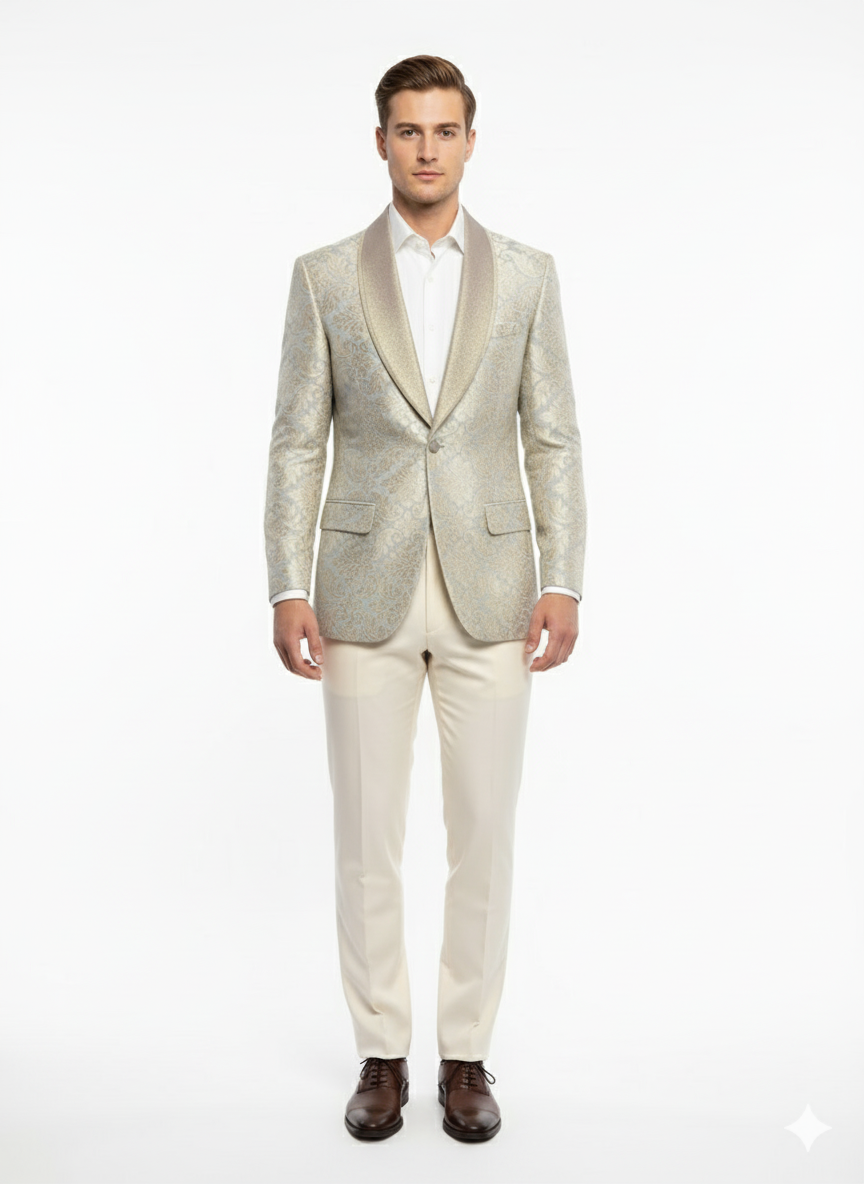 Men’s Champaign Silver and Cream Embroidered Luxury Blazer – Floral Pattern Wedding & Party Dinner Jacket in Light Tan Color - 36 Short