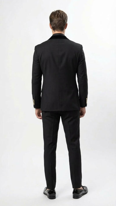 Mens Black Double Breasted Tuxedo Suit Luxury Formal Dinner Jacket Gold Buttons Velvet Lapel