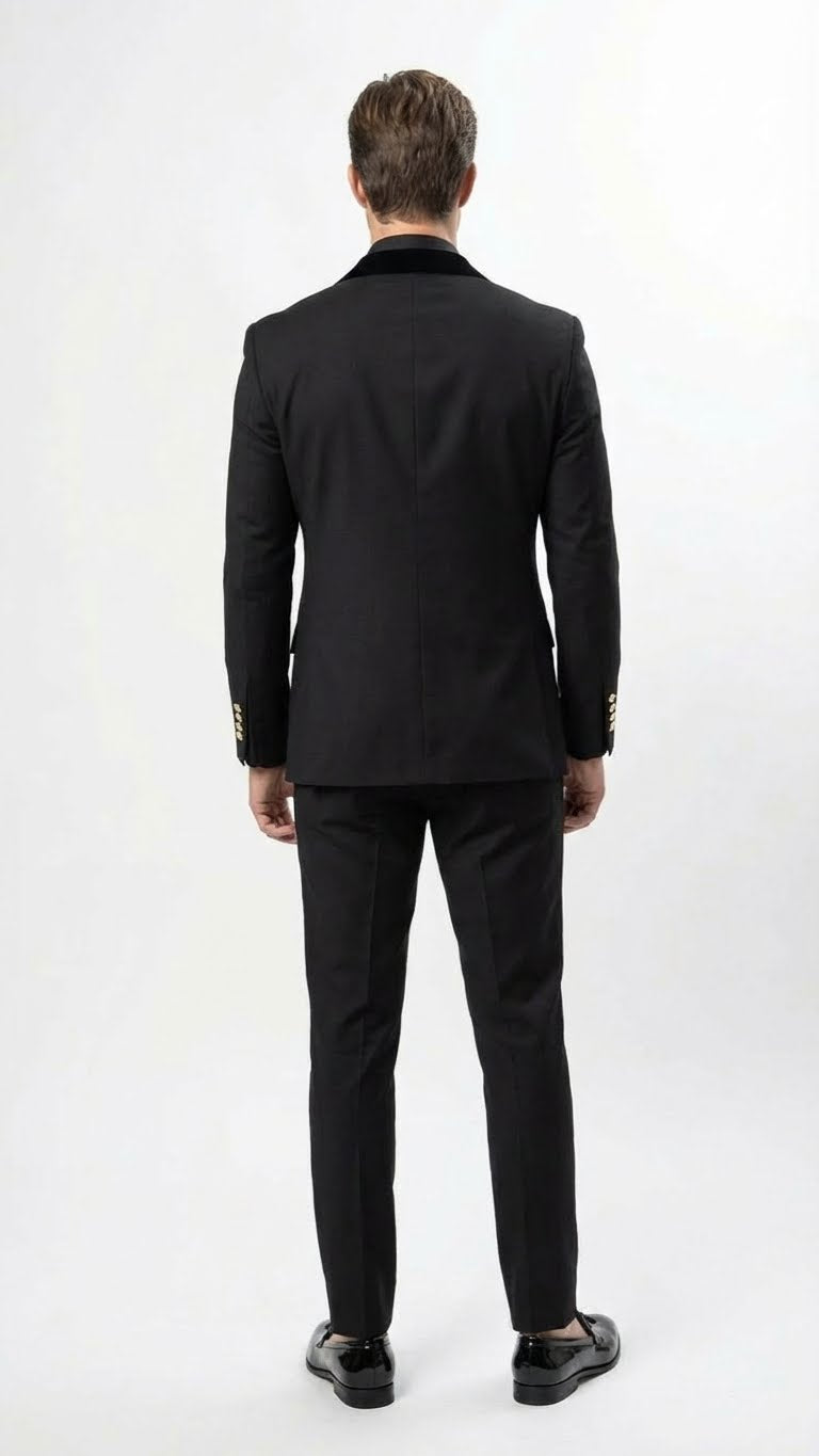 Mens Black Double Breasted Tuxedo Suit Luxury Formal Dinner Jacket Gold Buttons Velvet Lapel