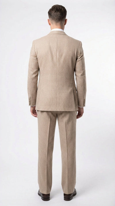 Mens Beige tan Checkered Three Piece Suit with Classic Fit Wide Leg Pleated Pants by Rossiman khaki color
