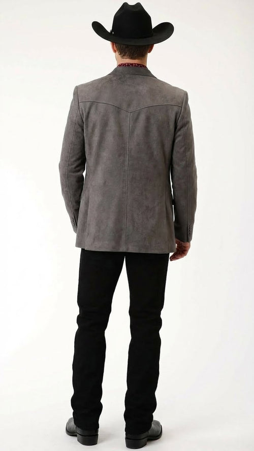 Mens Charcoal Gray Western Faux Suede Blazer Double Button Cowboy Jacket for Wedding & Party Wear