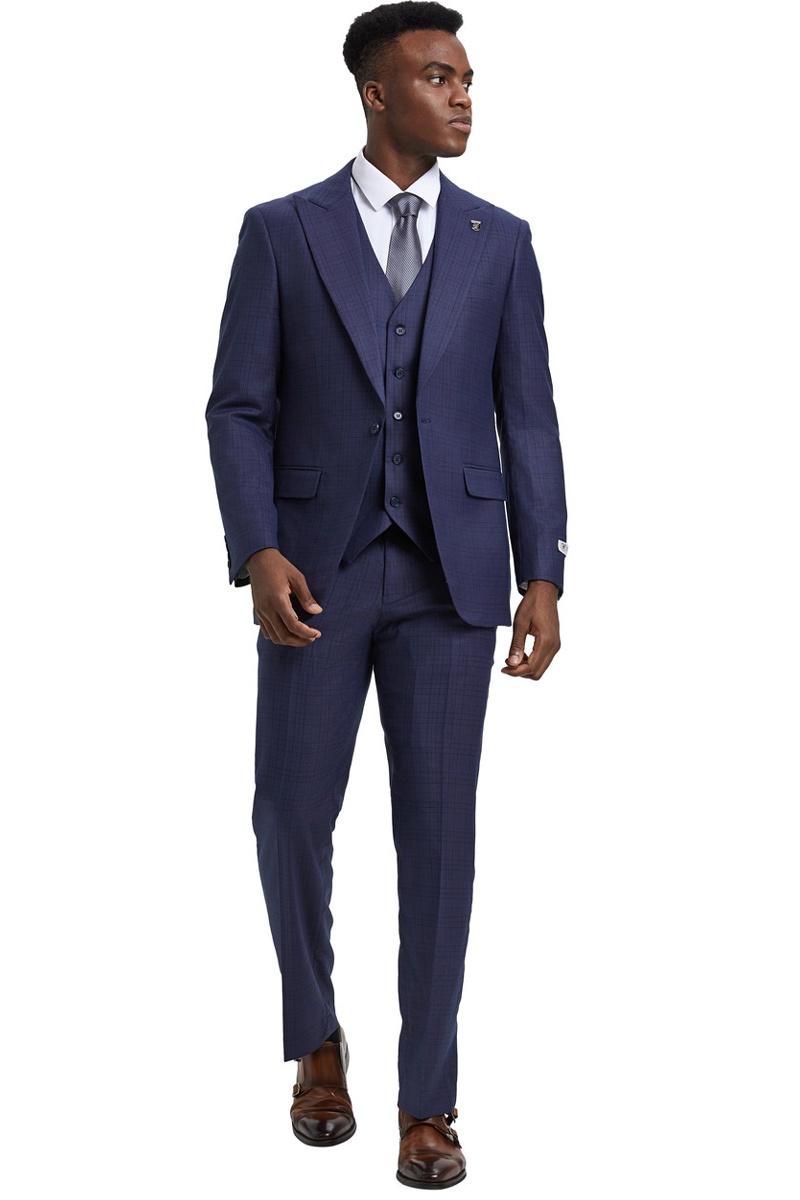Men's Stacy Adams Vested One Button Wide Peak Lapel Windowpane Plaid Suit in Eggplant Purple - 38 Regular