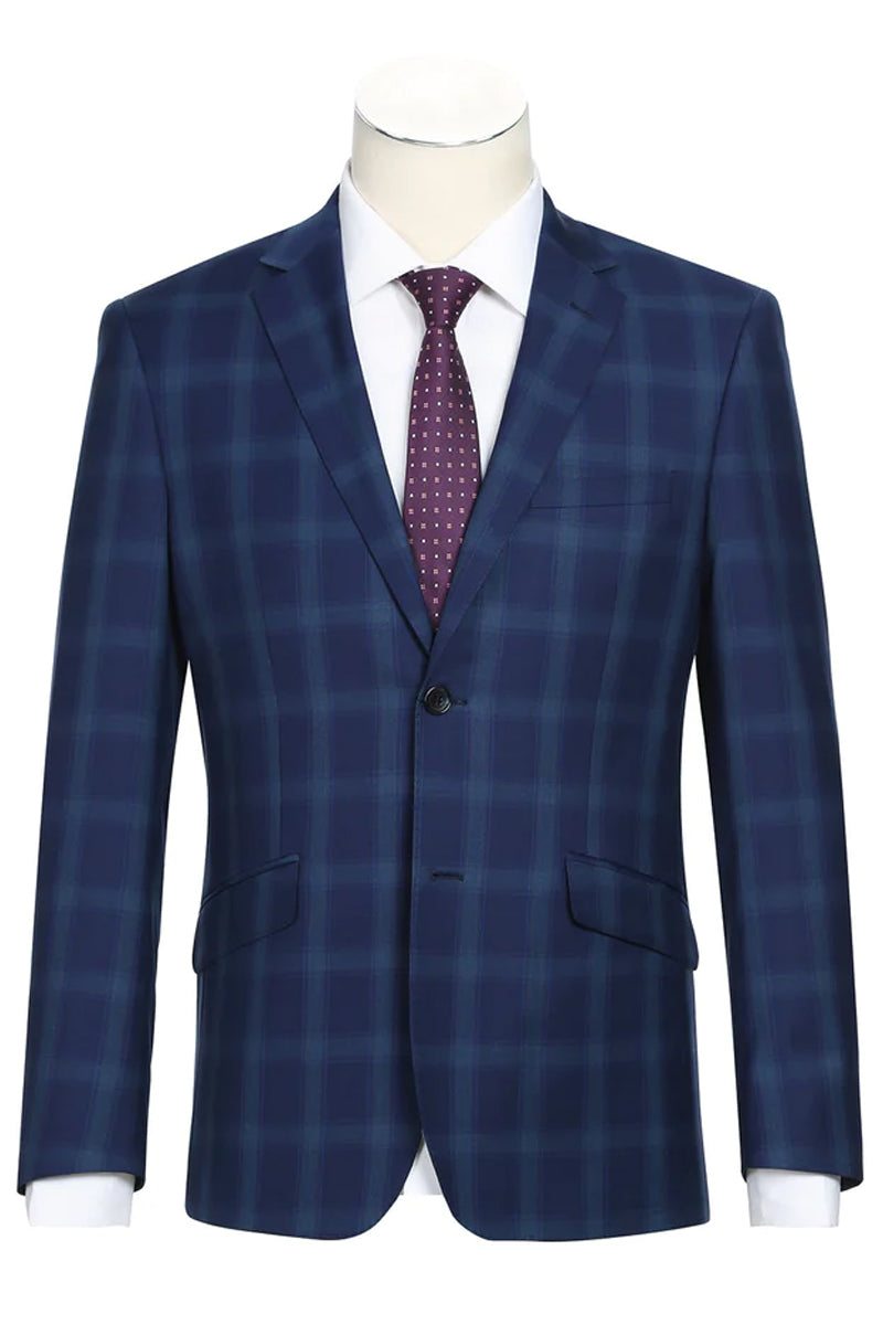 "Classic Fit Two Button Wool Suit for Men - Dark Royal Blue Windowpane Plaid" - 34 Short