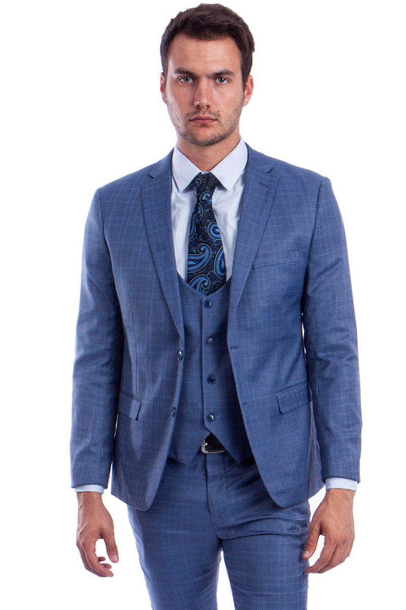 "Blue Plaid Men's Skinny Fit Suit with Two-Button Vest - Low Cut"