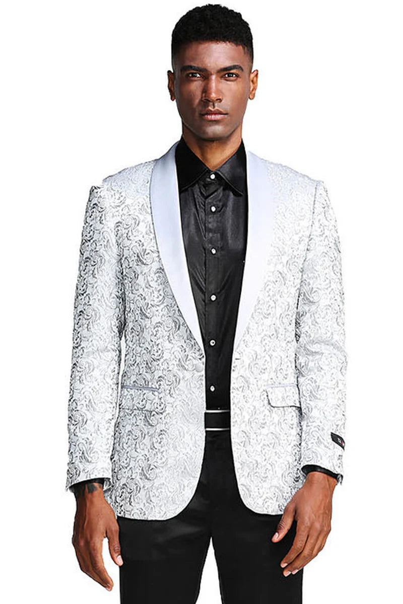 Men’s Silver Grey Tonal Paisley Tuxedo Jacket – Slim Fit Wedding & Prom Blazer - Large