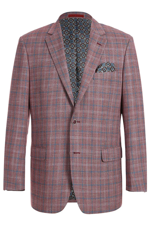 "Burgundy Red Windowpane Plaid Men's Classic Fit Blazer - Two Button Sport Coat"
