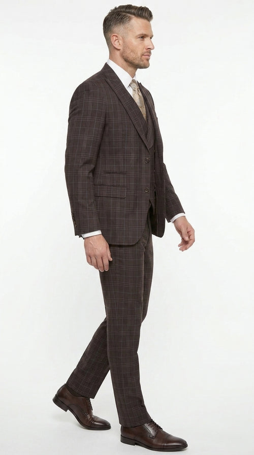 Men’s Vitali 3PC Suit – Choclate Brown and blue Plaid Check 3-Piece Suit with Double-Breasted Vest Modern Fit Side Vented