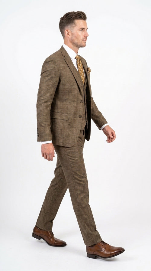 Men's Great Gatsby Brown Checker Plaid Texture 3-Piece Suit β Classic Fit Business, Wedding & Formal Suit Set - Victorian style 1920s