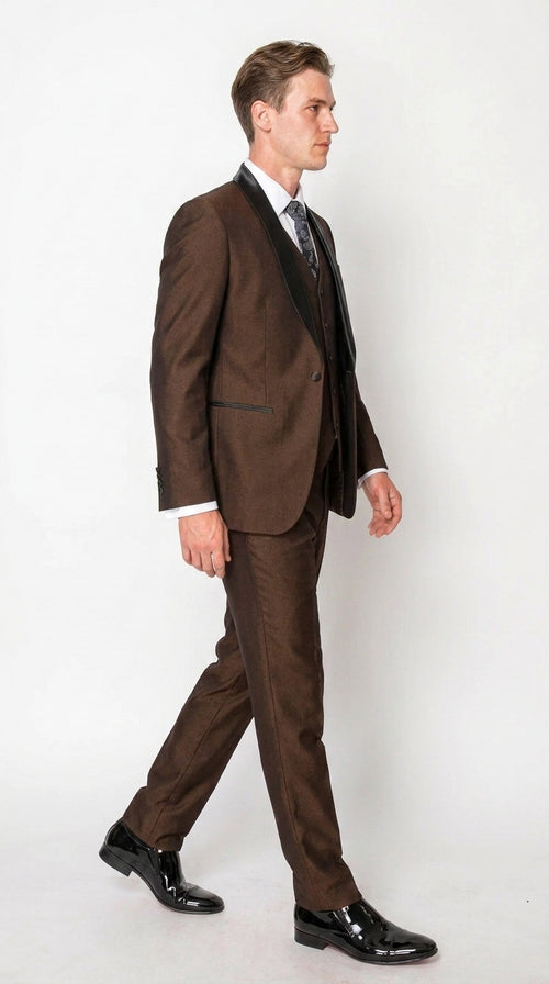 Men’s Chocolate Brown 3-Piece Tuxedo Suit with Black Satin Shawl Lapel – Shawl Collar Vested