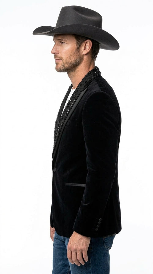 Men’s Black Velvet Western Blazer – Rhinestone Formal Cowboy Sport Jacket Removable Rhinestone Glitter Lapel
