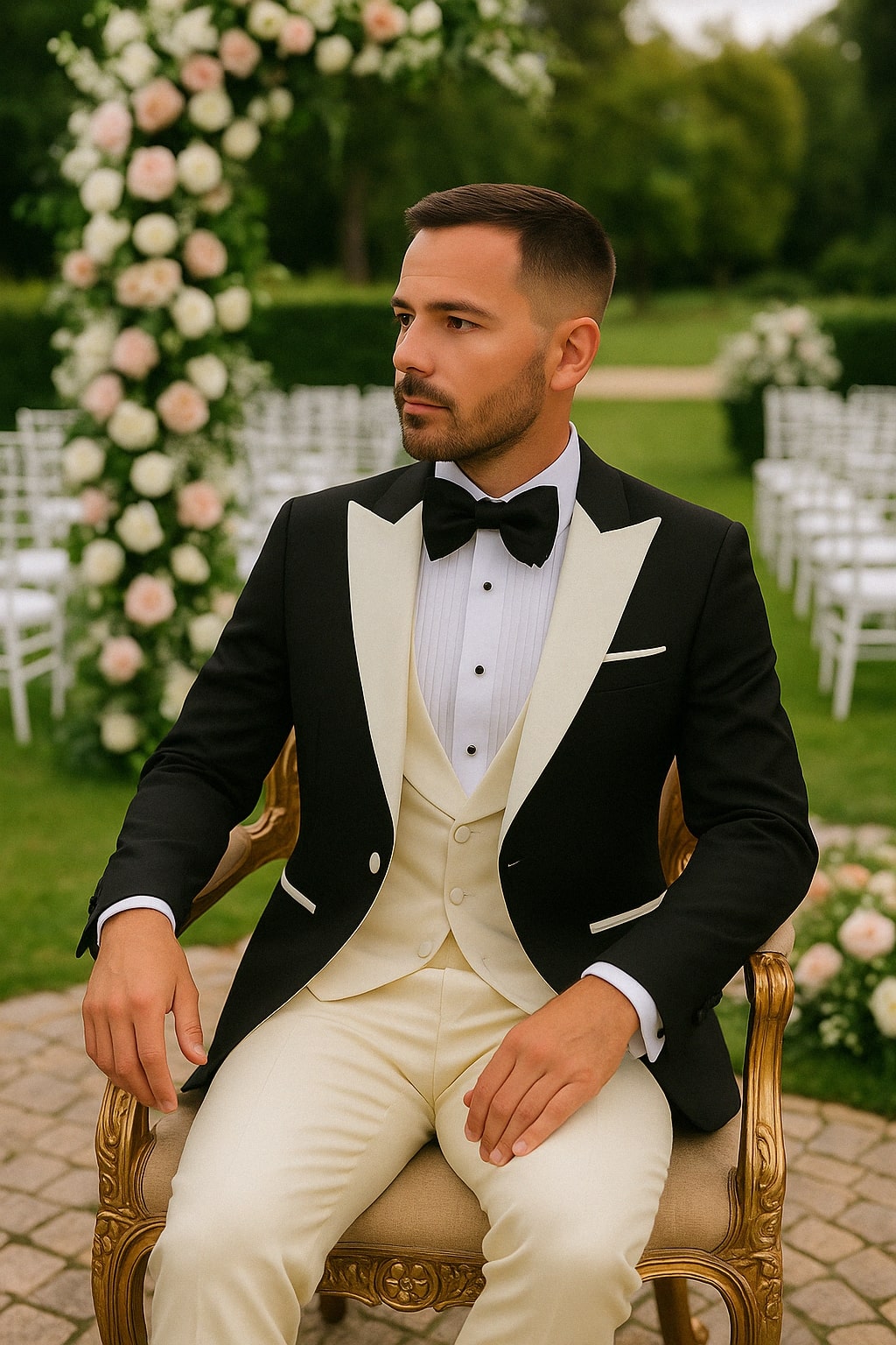 Mens Black and Ivory Tuxedo with Wide Shawl Lapel – 3 Piece Black and off White Lapel ! Vested Suit - 34 Short or Extra Small