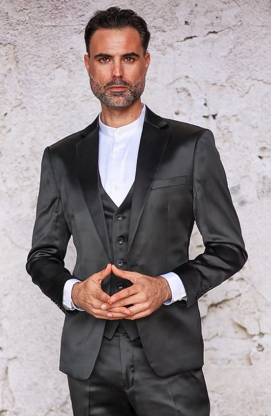 Mens 3-Piece Slim-Fit Shiny All Satin Suit Black - 34 Short or Extra Small