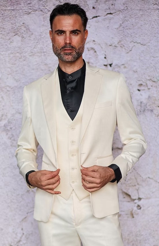 Mens 3-Piece Slim-Fit Shiny All Satin Suit Cream - 34 Short or Extra Small