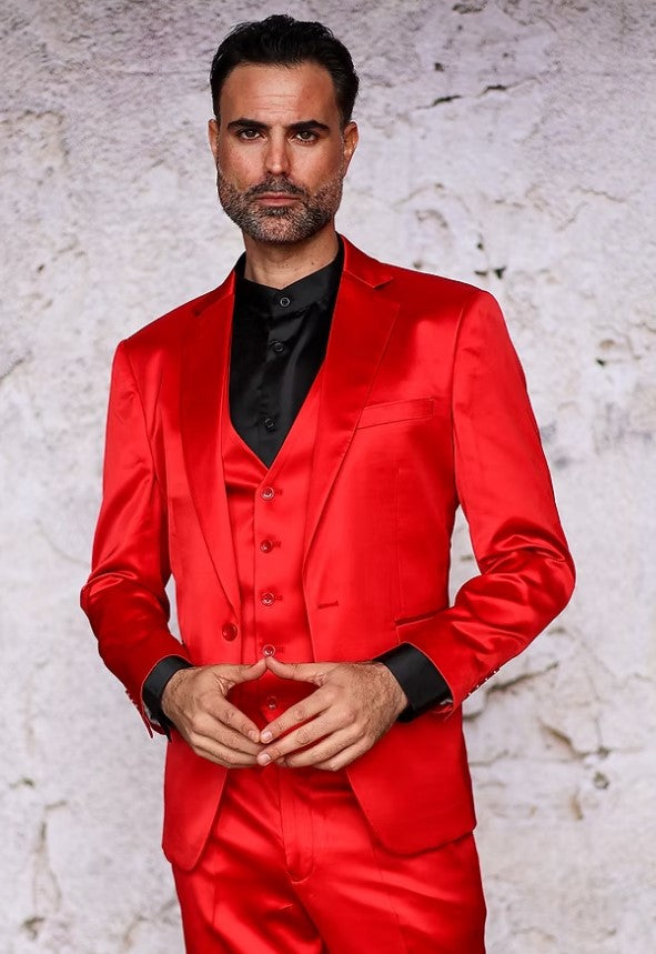 Mens 3-Piece Slim-Fit Shiny All Satin Suit Red - 34 Short or Extra Small