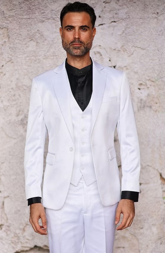 Men's 3-piece Slim-fit Shiny All Satin Suit White 34 Short or Extra Small
