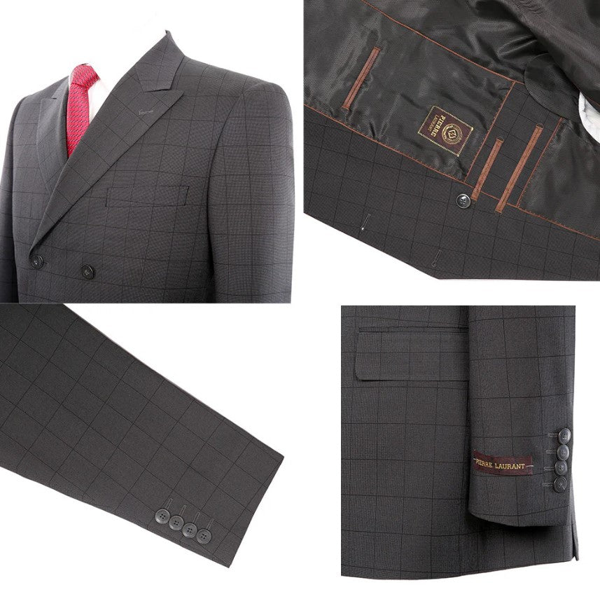 Mens Windowpane Plaid Double Breasted 6 Buttons 3-piece Classic Fit Suit Black - Coat Size 38
