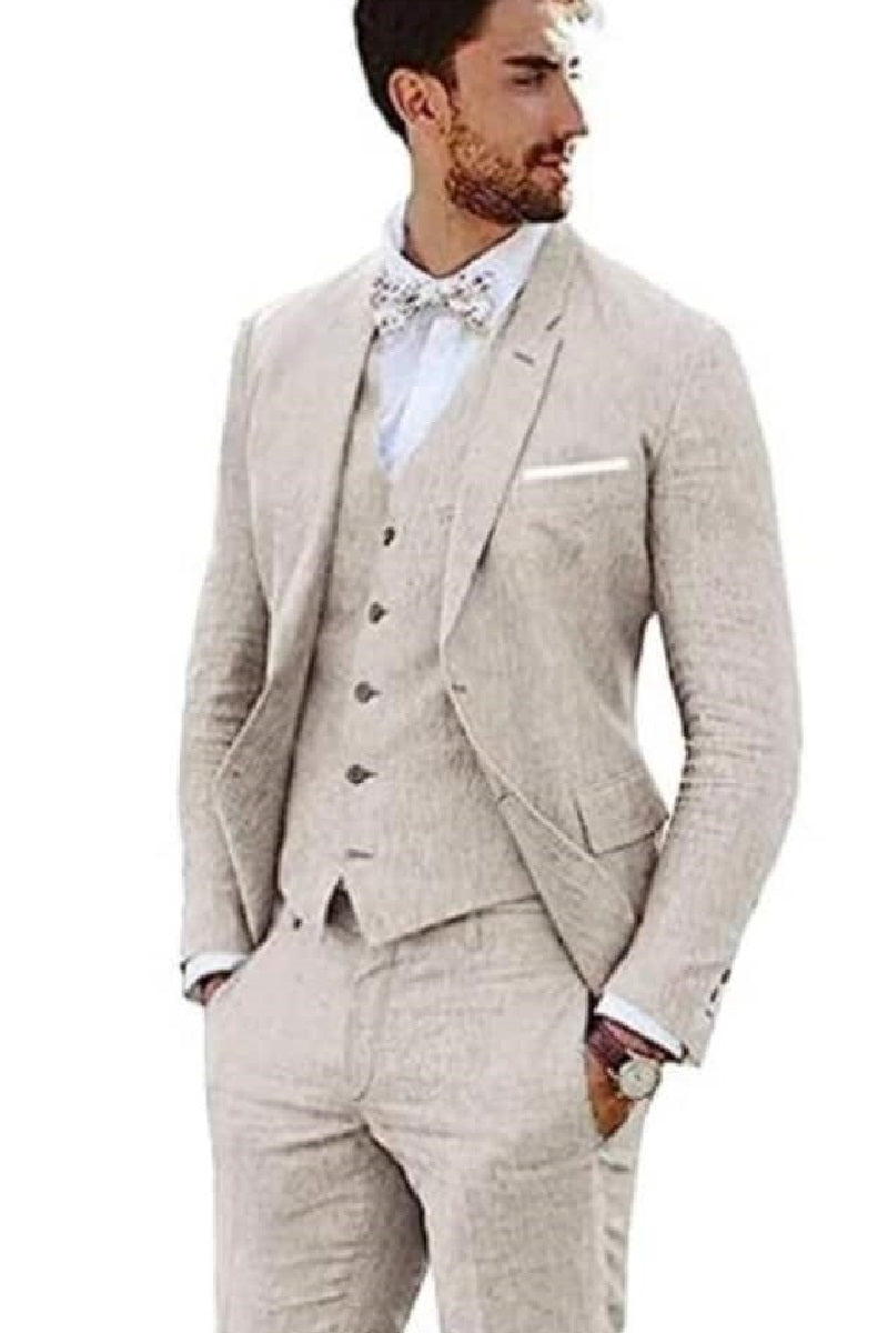 Mens Big and Tall Linen Suits - Beige Single Breasted Summer Fabric Suit - 38 Short Jacket+32 Waist Adjustable 28to34)(Height: 5’4”to5’7”)(Neck 15-16.5)S-M)ggg