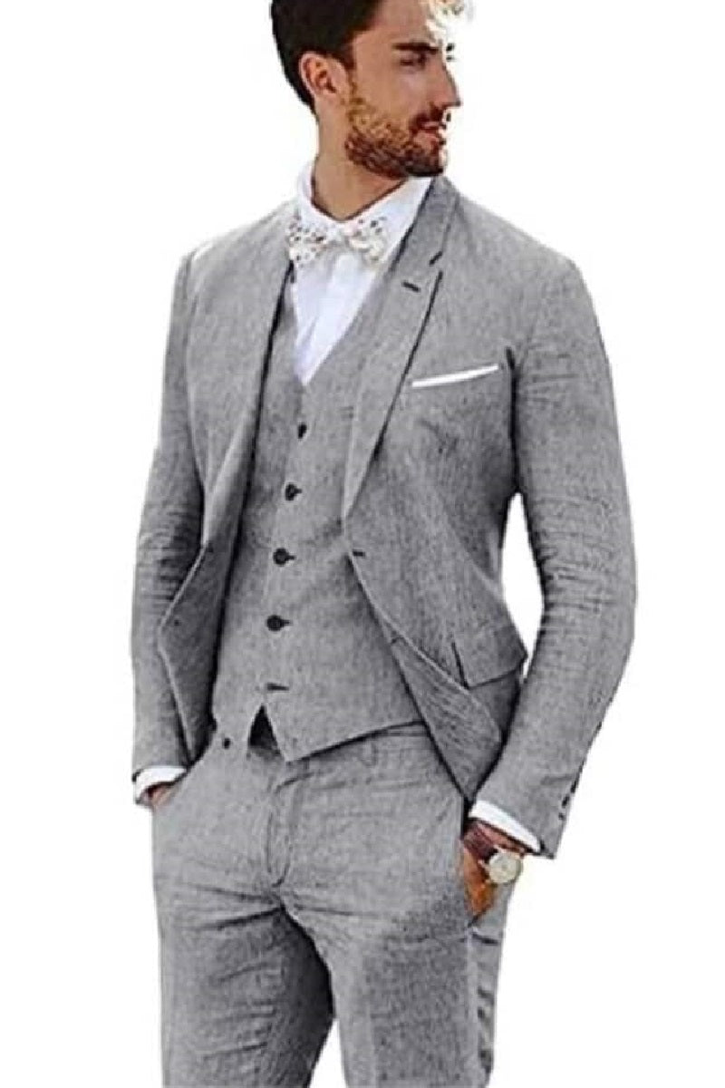 3 Piece Linen Suit - Gray Mens Suit - Vested Summer Suit