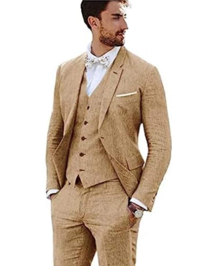 3 Piece Linen Suit - Dark Green Mens Suit - Vested summer Suit