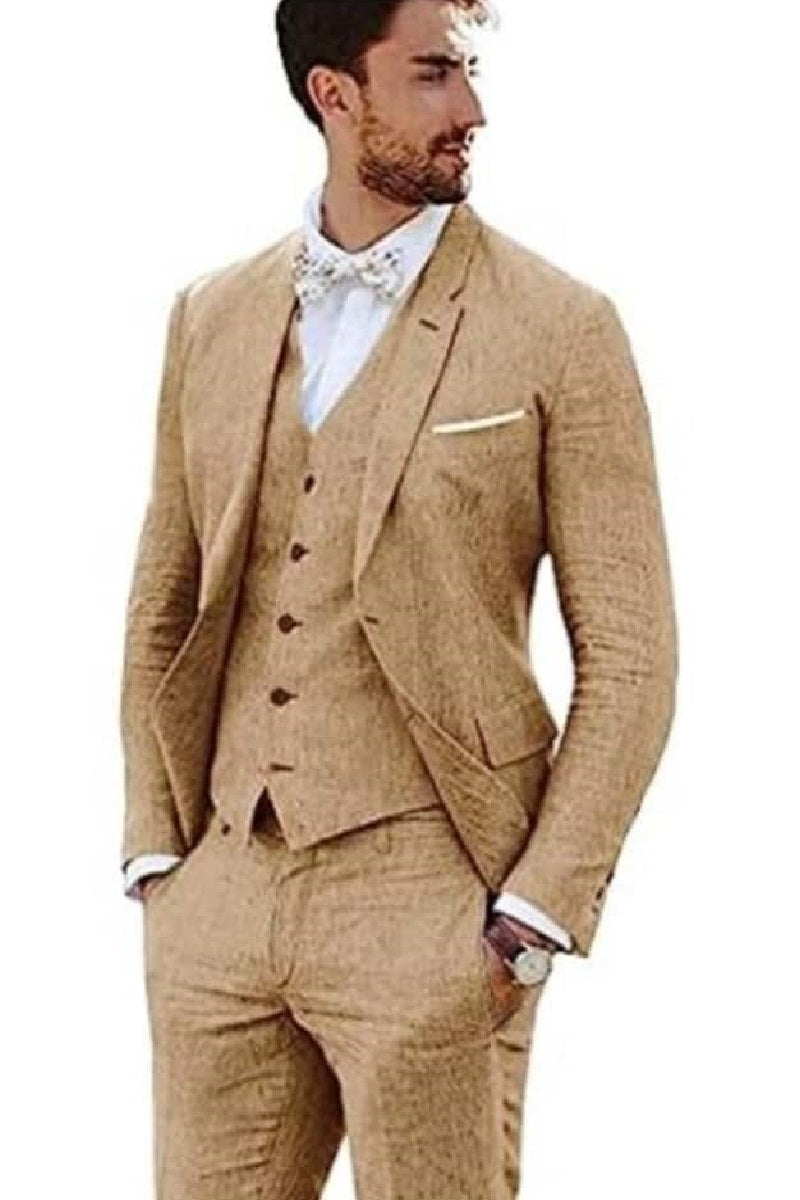 Mens Big and Tall Linen Suits - Khaki Summer Fabric Suit - 38 Short Jacket+32 Waist Adjustable 28to34)(Height: 5’4”to5’7”)(Neck 15-16.5)S-M)ggg
