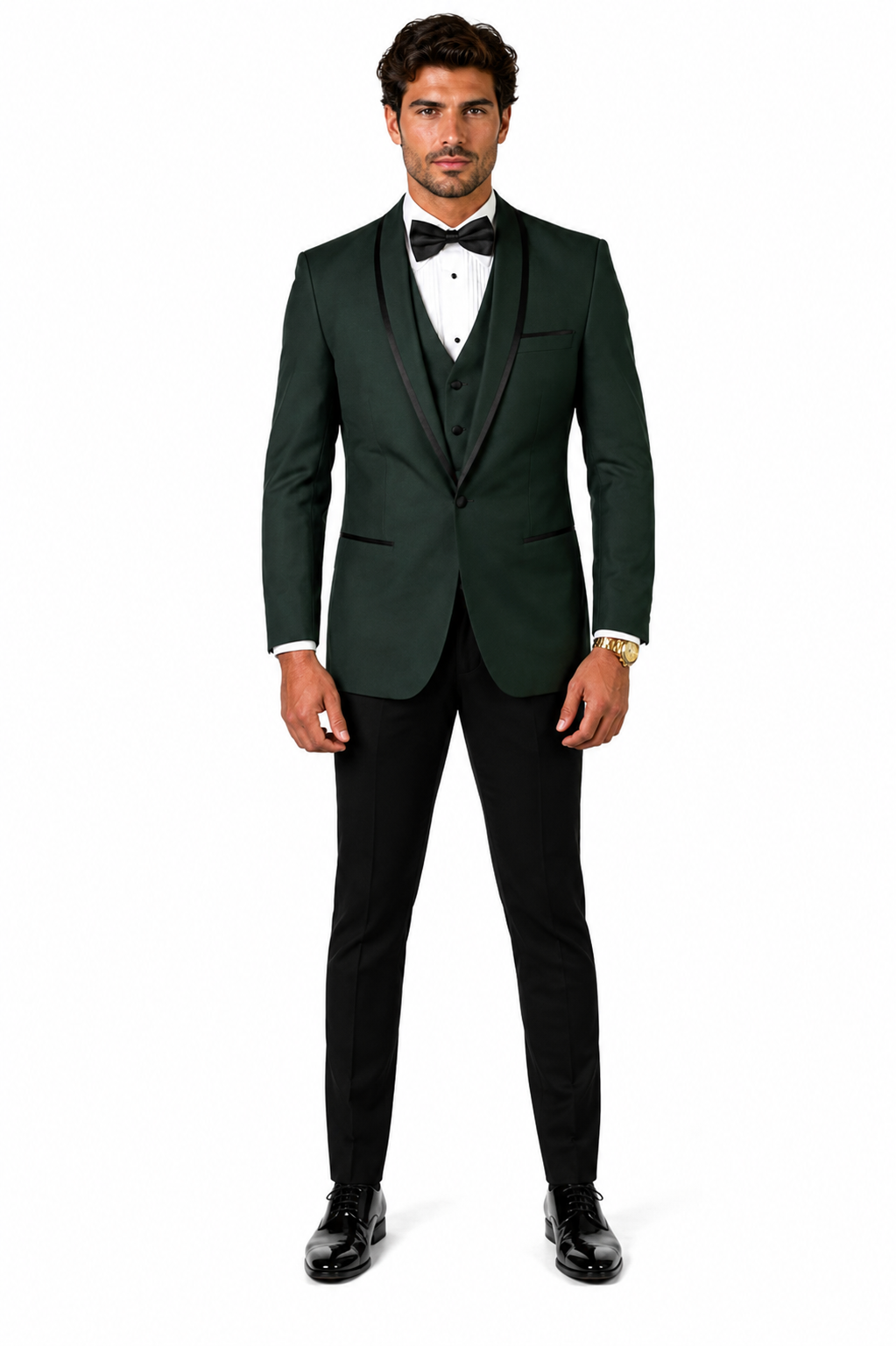 3-Piece Tailored Fit Wool Suit with Bow Tie and Flat Front Pants - Hunter