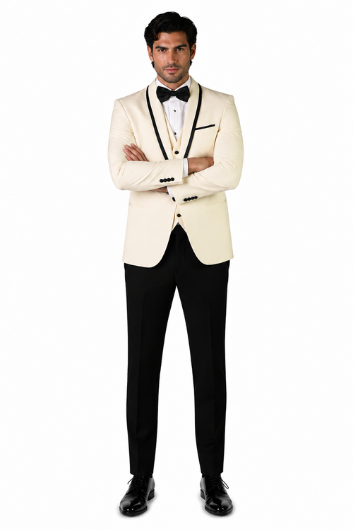 3-Piece Tailored Fit Wool Suit with Bow Tie and Flat Front Pants - Off White