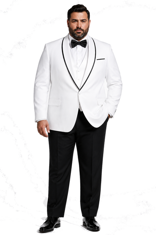 3-Piece Tailored Fit Wool Suit with Bow Tie and Flat Front Pants - White