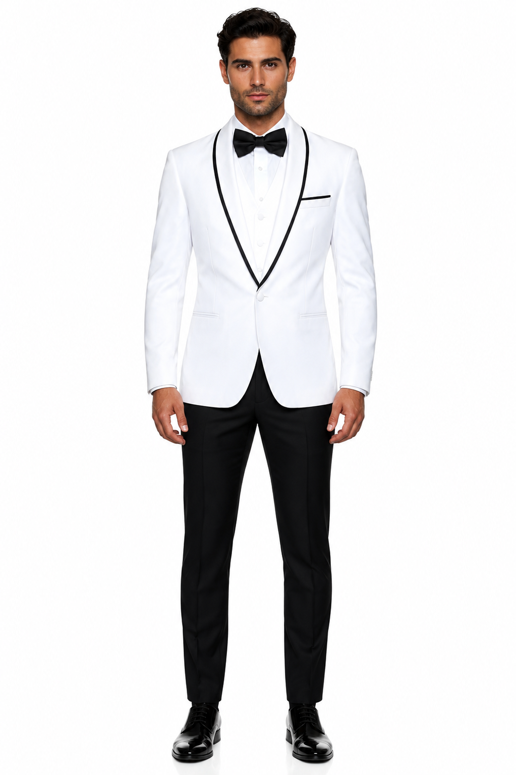 3-Piece Tailored Fit Wool Suit with Bow Tie and Flat Front Pants - White