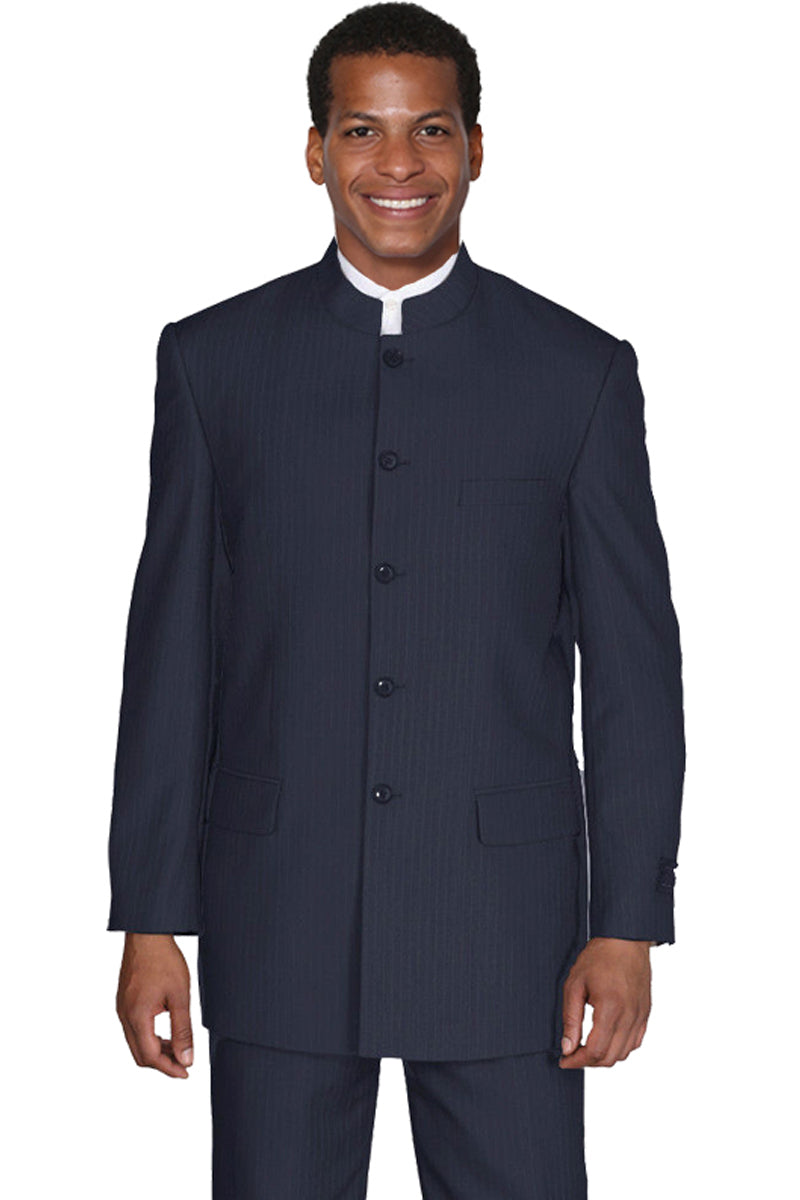 "Mandarin Pinstripe Suit - Men's 5 Button Navy Style" - 36 Regular