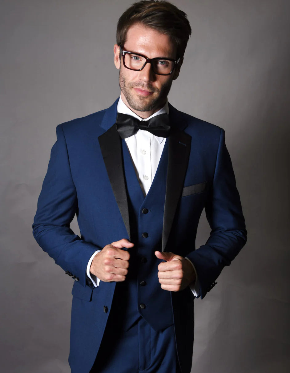 Mens Navy Blue Wedding Tuxedo - Dark Blue Tuxedo Suit"Mens 2 Button Modern Fit Vested Wool Tuxedo in Sapphire Blue