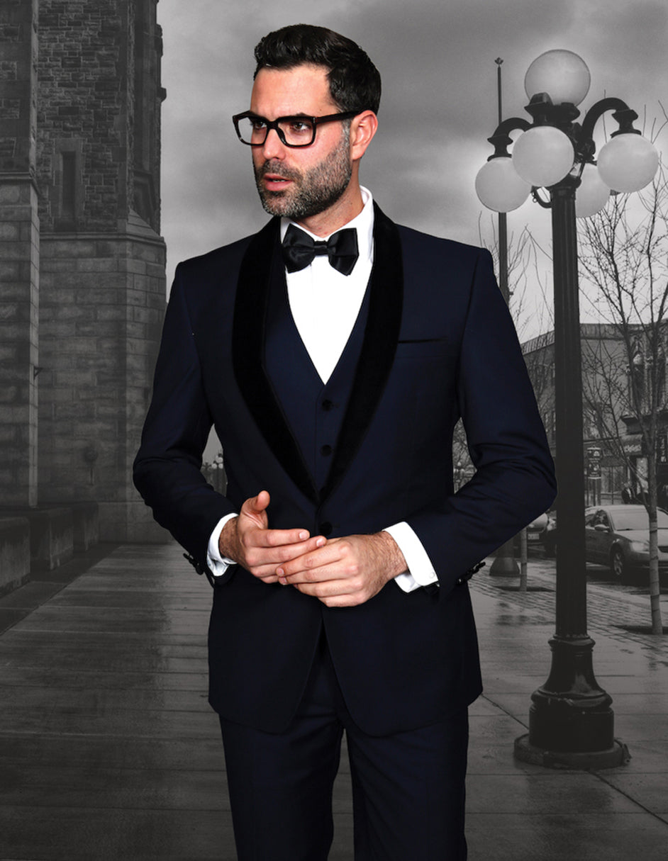 Mens Vested Wool Tuxedo with Velvet Shawl Lapel in Dark Navy - 38 Short
