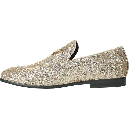 "Gold Sequin Prom 2026 Tuxedo Loafers - Modern Men's Glitter Buckle Shoes"