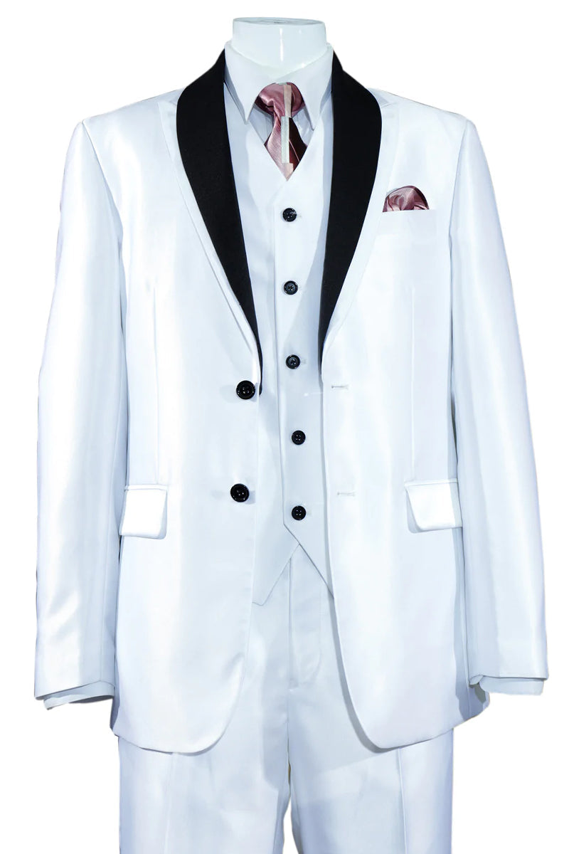"White Sharkskin Tuxedo Suit: Slim Fit, 2-Button Vested for Men"