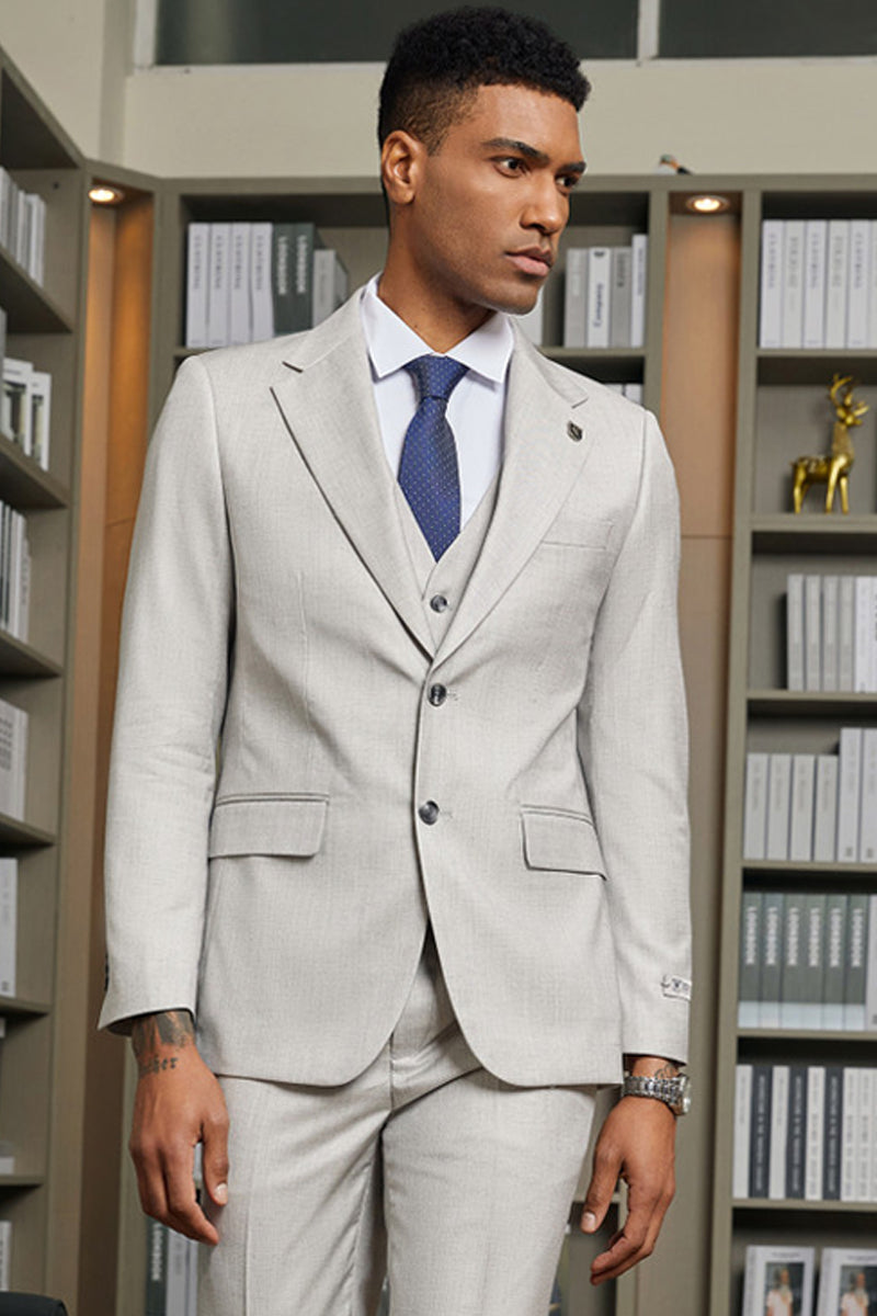 "Stacy Adams Men's Sharkskin Business Suit - Two Button Vested, Light Grey"