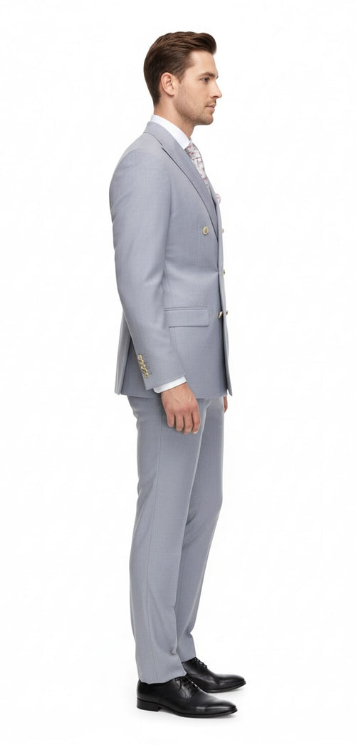 Mens Silver Grey Double-Breasted 3-Piece Suit Classic Tailored Fit with Peak Lapel and Gold Buttons for Weddings, Church and Formal Events